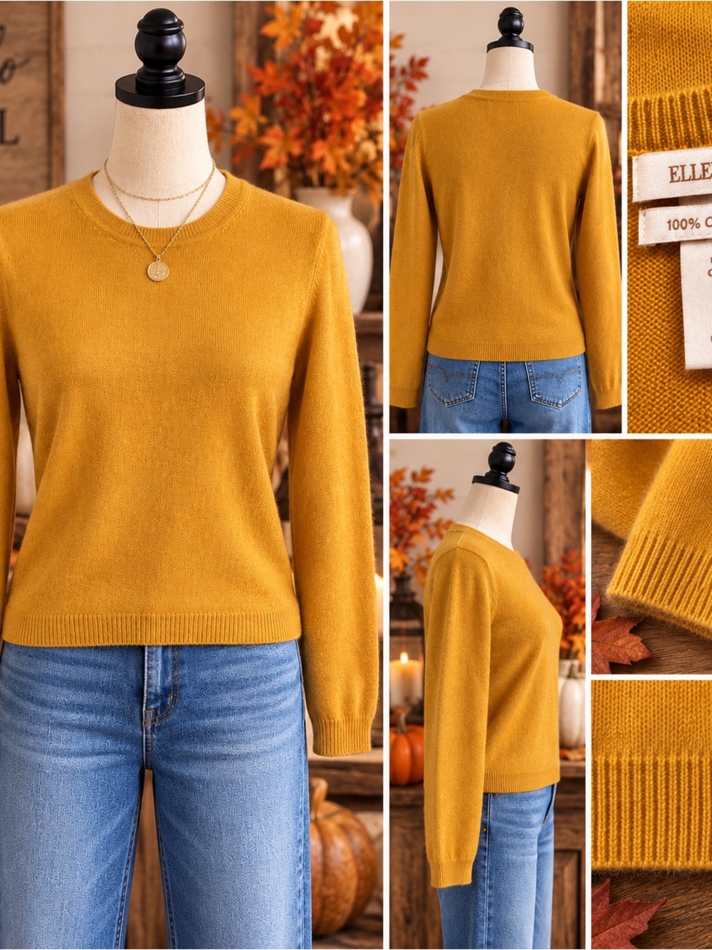 Ellen Tracy 100% Cashmere Sweater Women’s M Mustard Gold Crewneck Pullover